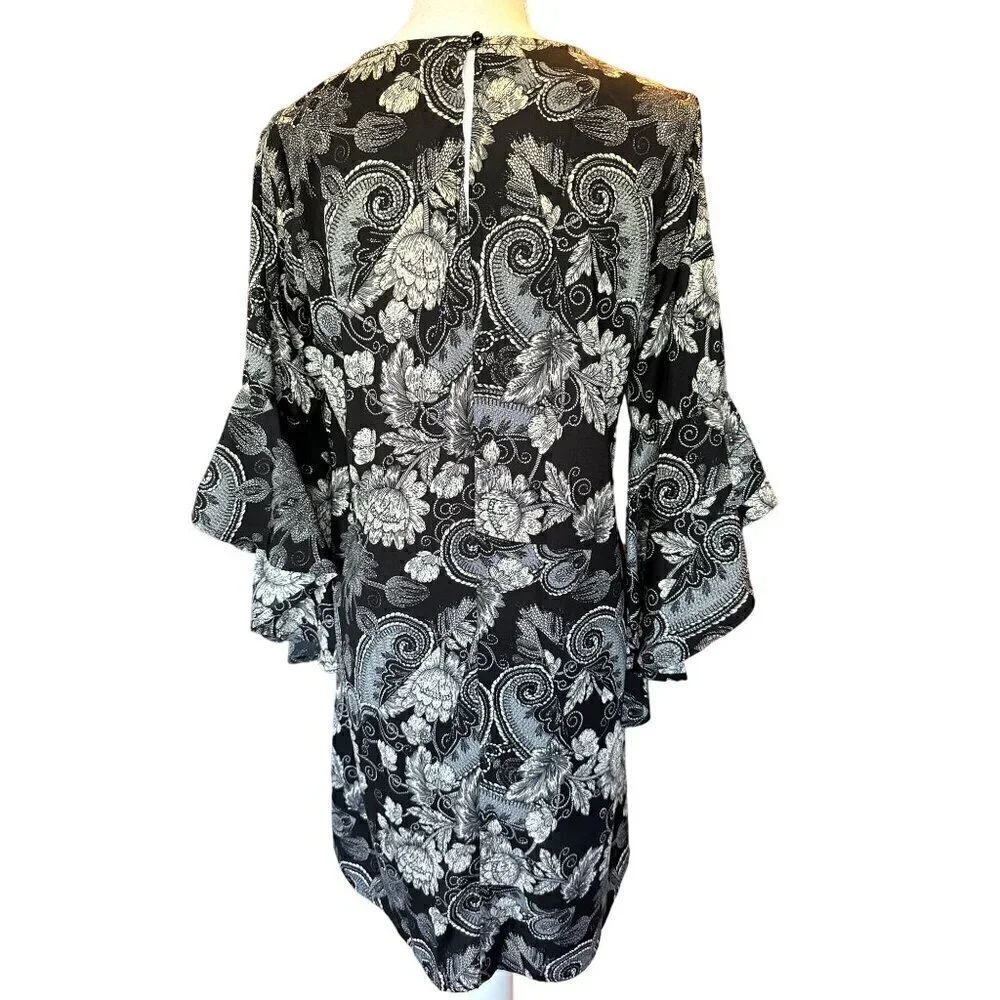 Uncle Frank Women's Dress Sz S Floral Bell Ruffle Sleeve Black Tan Keyhole Back